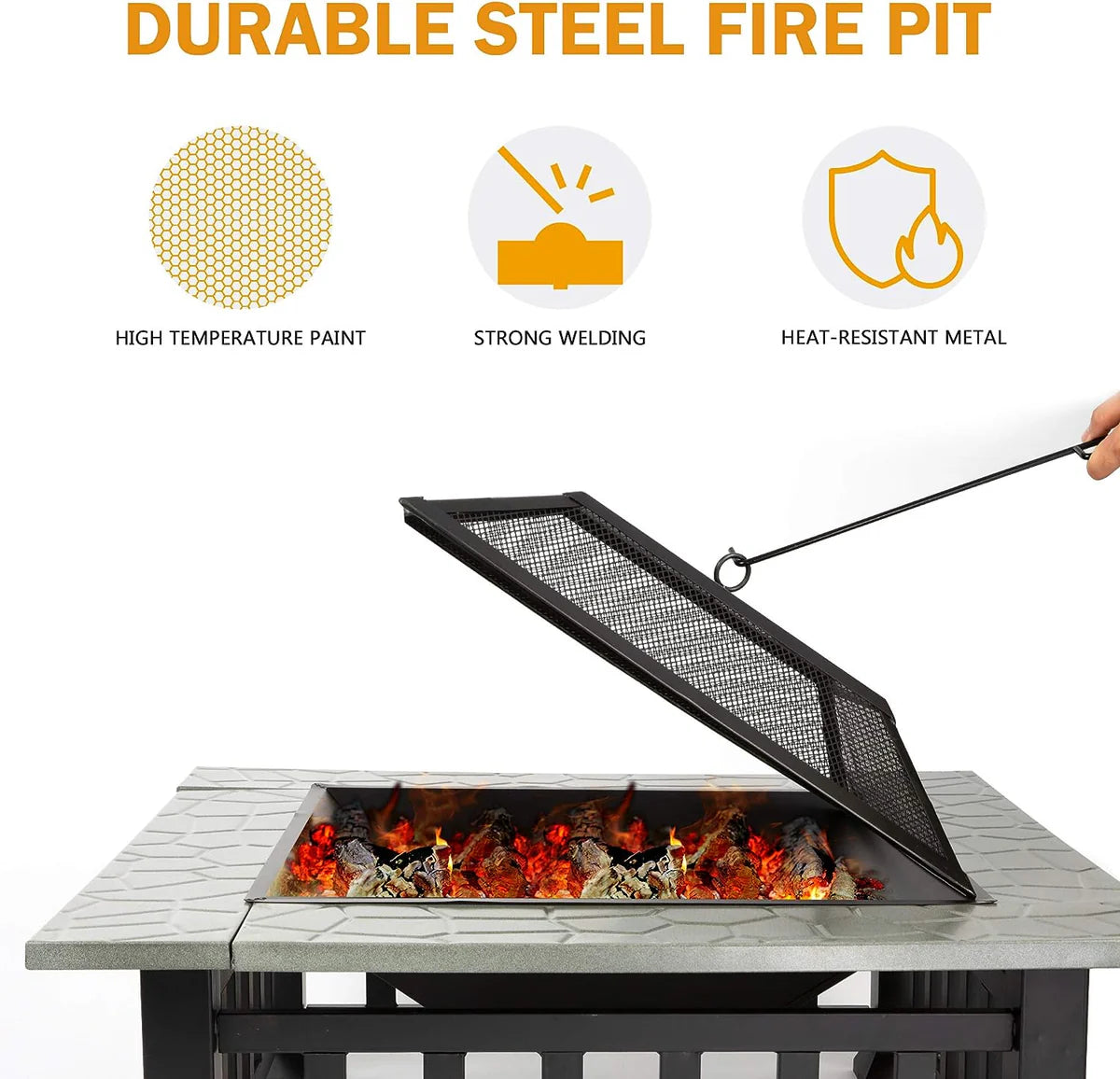 32  Outdoor Square Fire Pits Patio 4 in 1 Fire Pits for Heating Grilling Cooling Drinks & Food