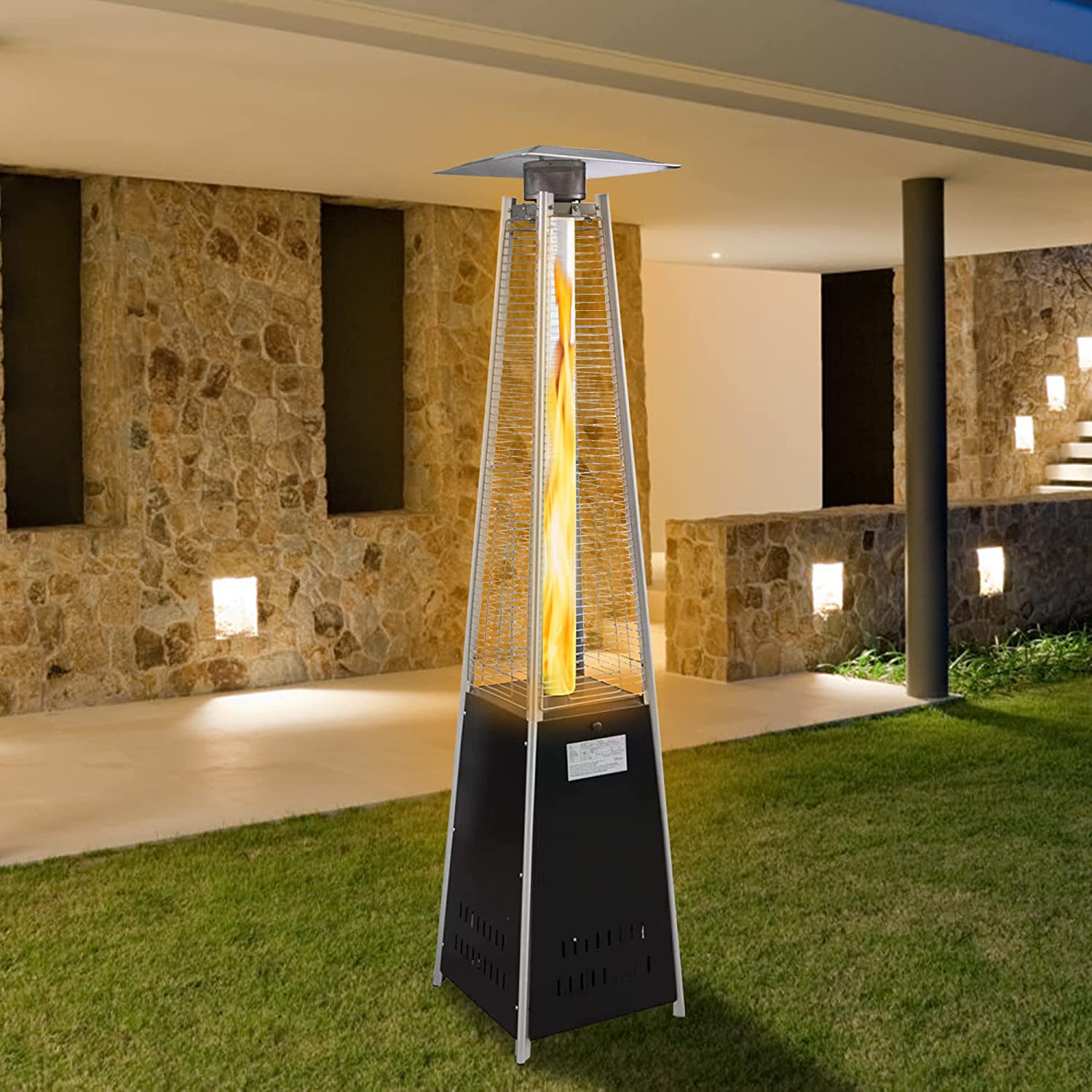 87" Outdoor Patio Heater, Pyramid Standing Gas LP Propane Heater with Wheels 42000 BTU, Black