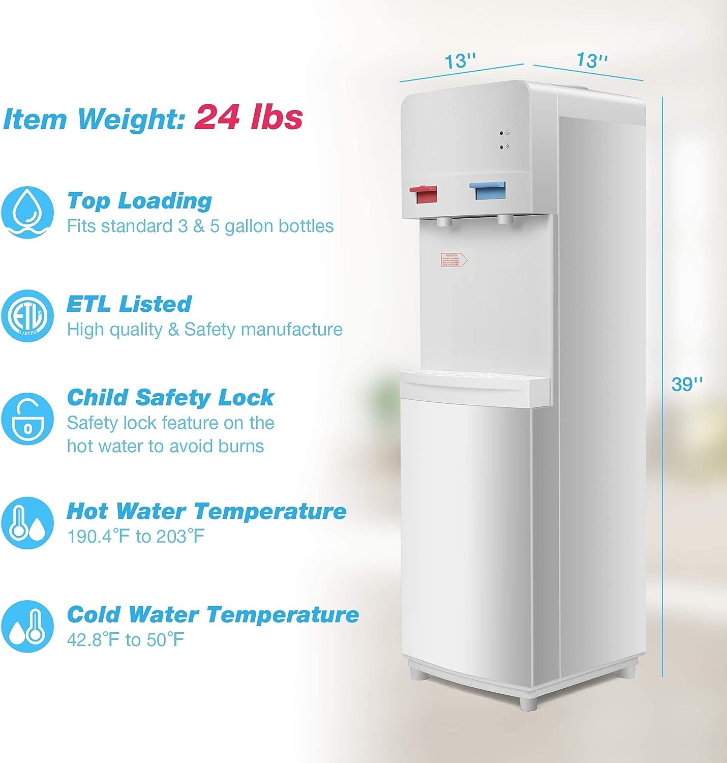 5 Gallons Hot and Cold Top Loading Water Cooler Dispenser with Child Safety Lock, White