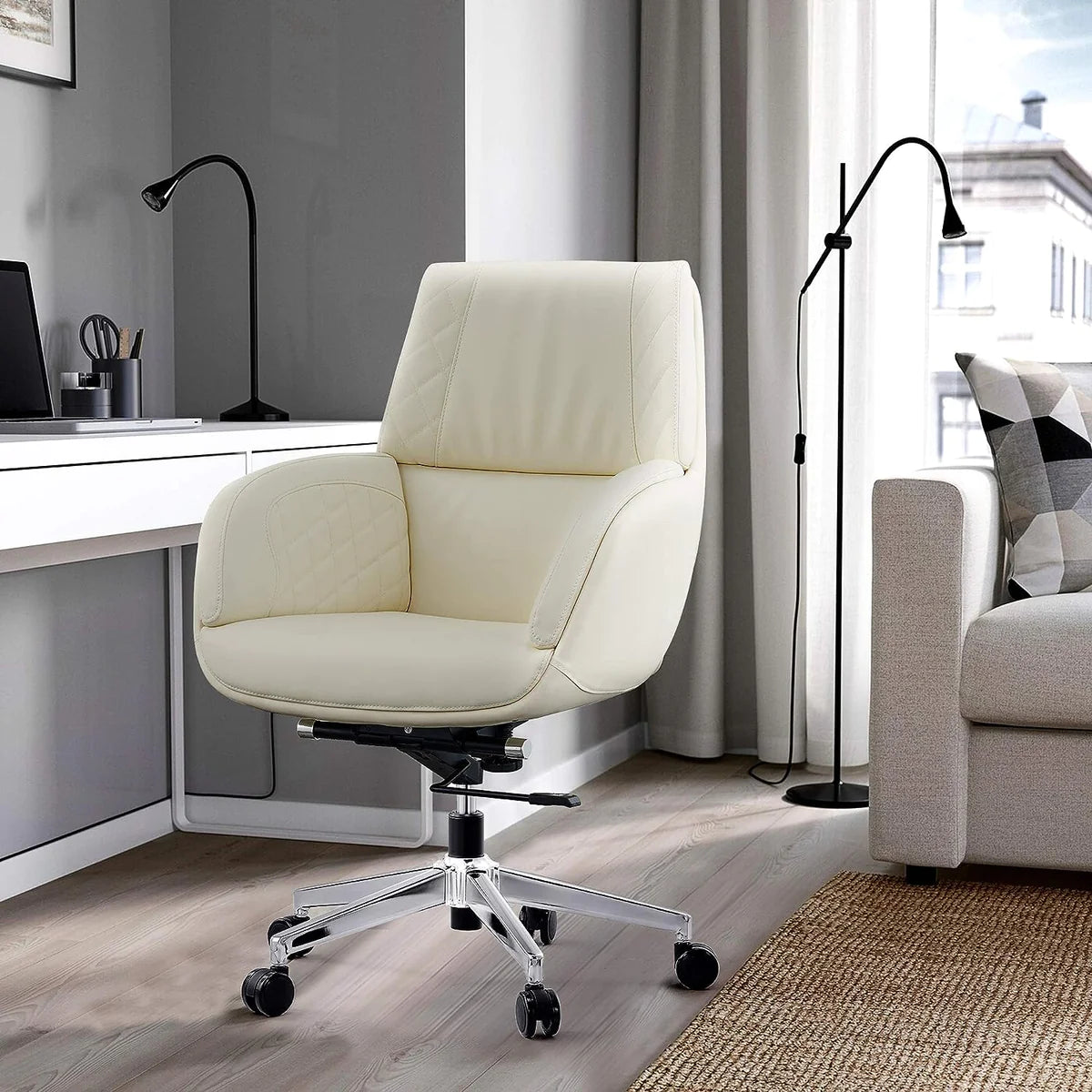 PU Upholstered Modern Office Chair with Tiltable Back, Height Adjustable，360° Swivel，White