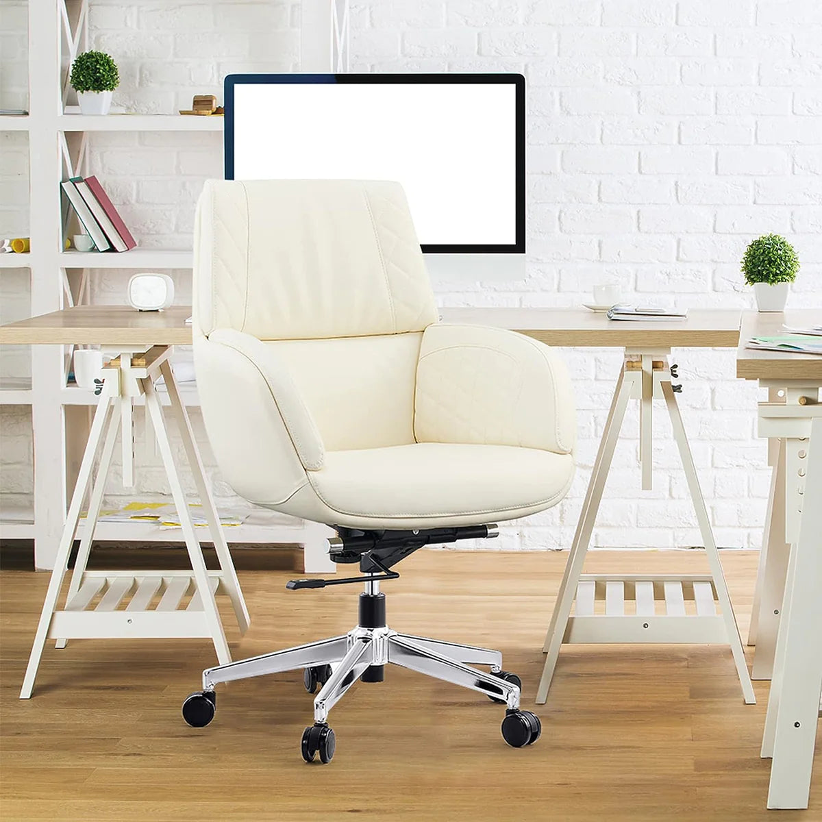 PU Upholstered Modern Office Chair with Tiltable Back, Height Adjustable，360° Swivel，White