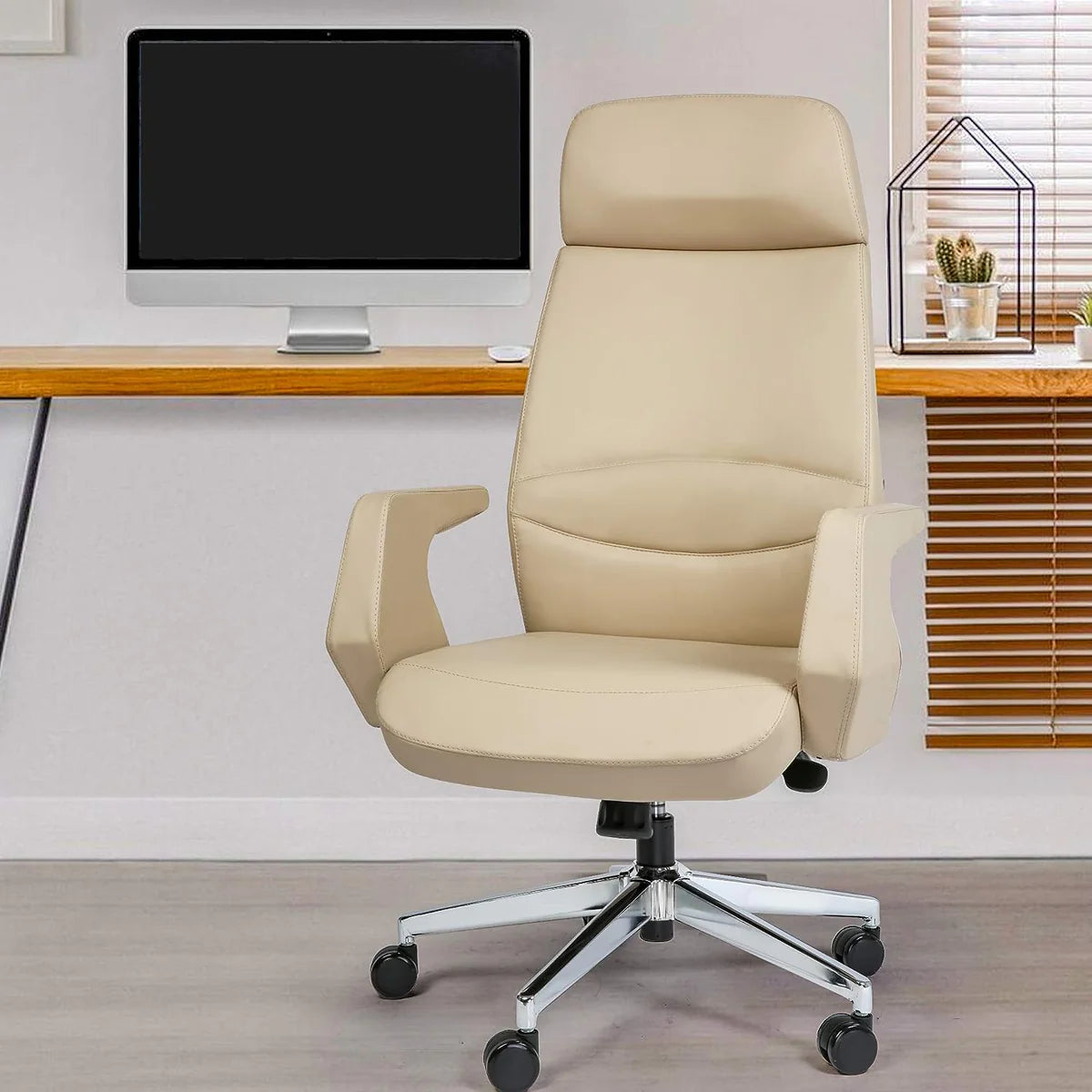 Executive Office Chair Ergonomic Leather High Back Chair, Soft, Beige