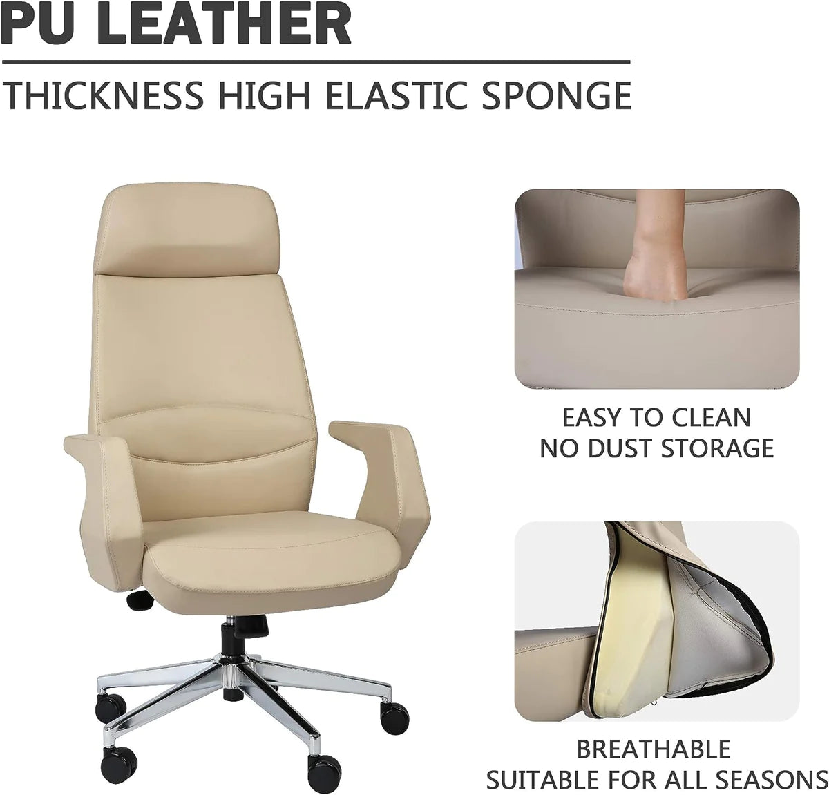 Executive Office Chair Ergonomic Leather High Back Chair, Soft, Beige