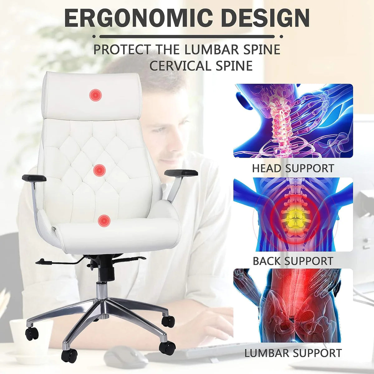 Office Chair Ergonomic Adjustable Lumbar Support 360 Swivel Chair, High Back, White | karmasfar.us
 