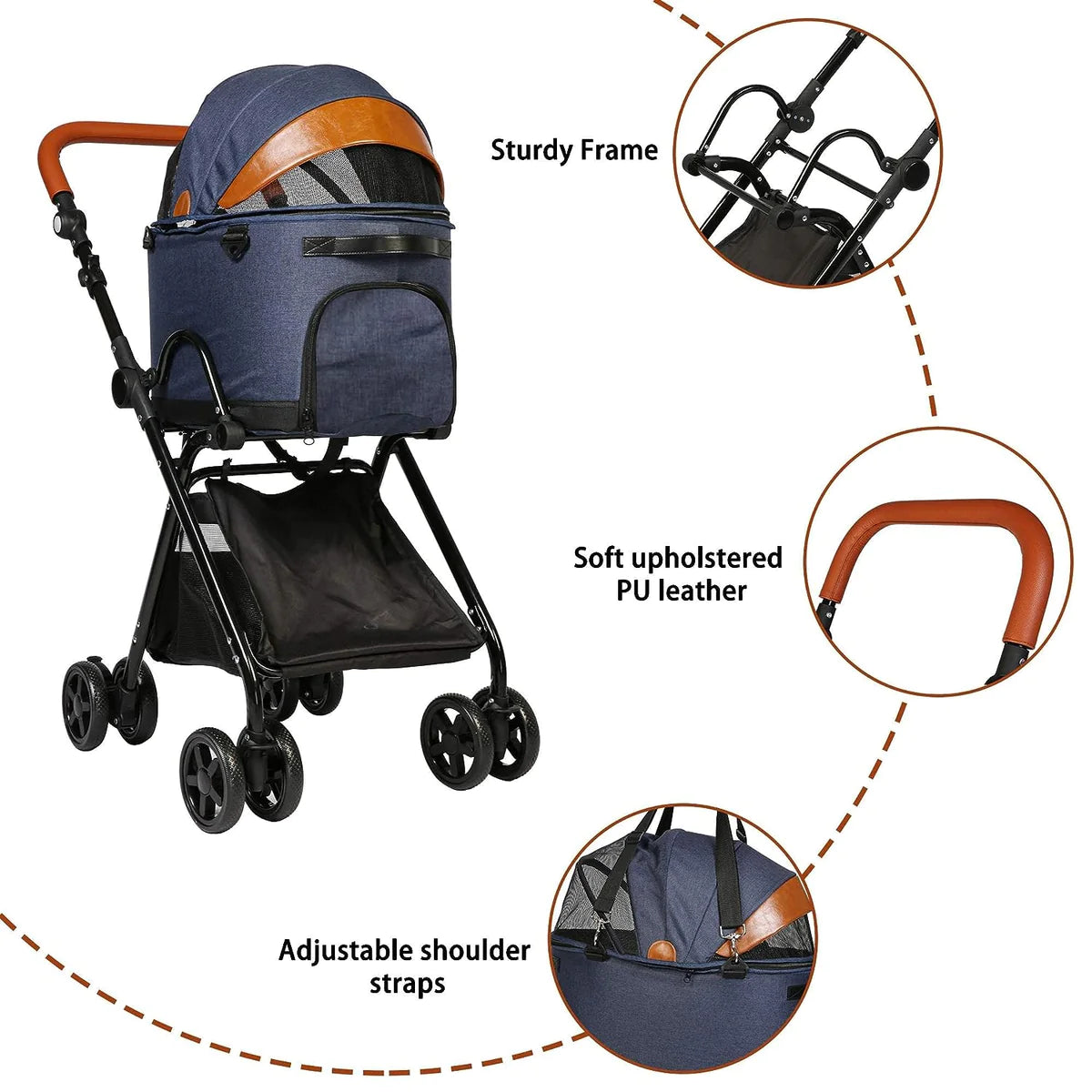 2 in 1 Dog Stroller Pet Carrier with Detachable Carrier and Adjustable Handle, Dark Blue