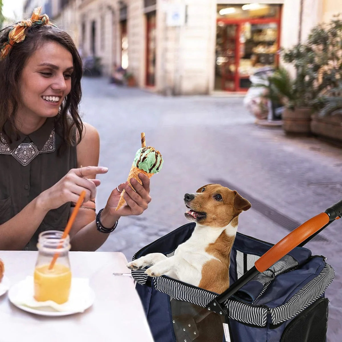 Low Folding Pet Stroller with Multiple Openings, Dark Blue