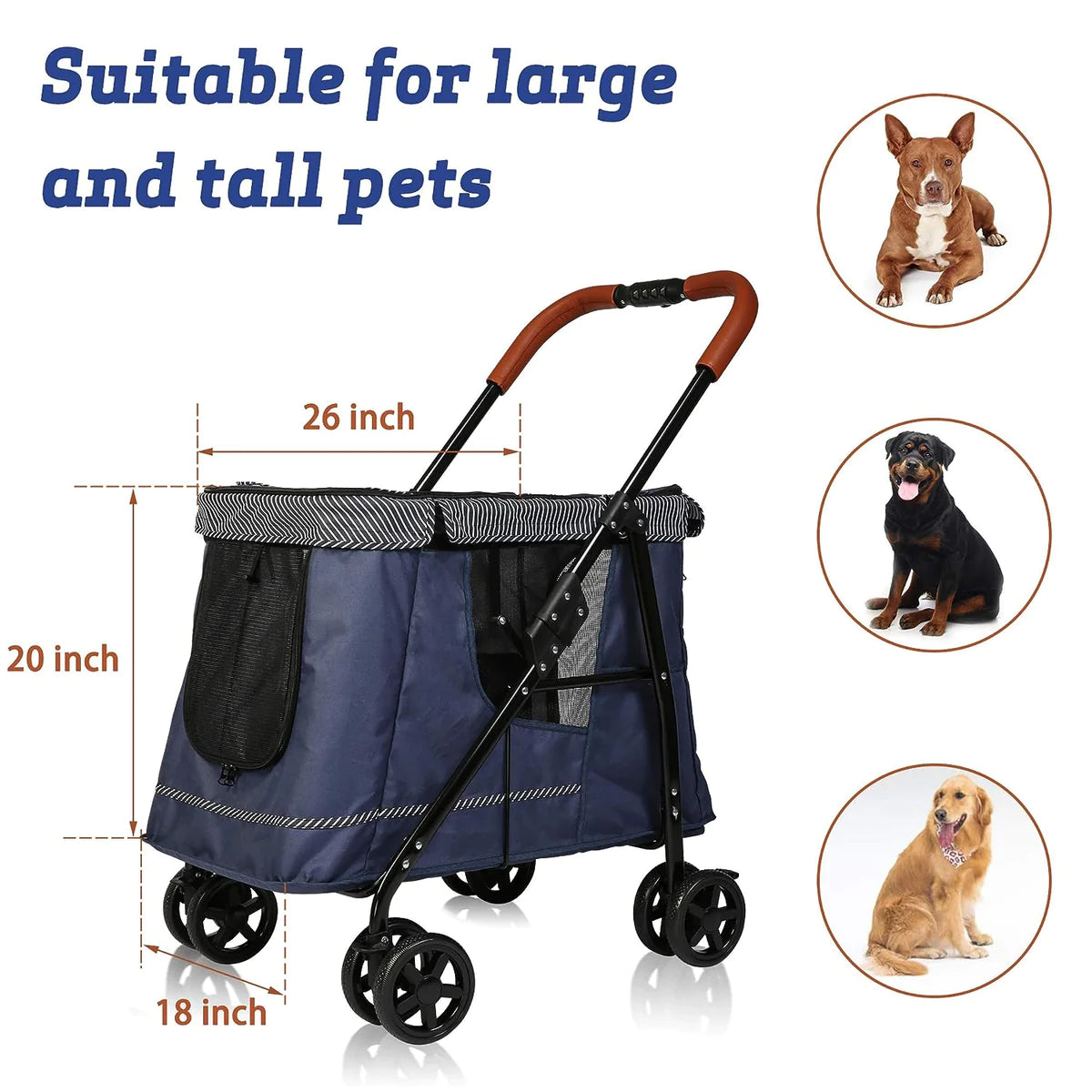 Low Folding Pet Stroller with Multiple Openings, Dark Blue