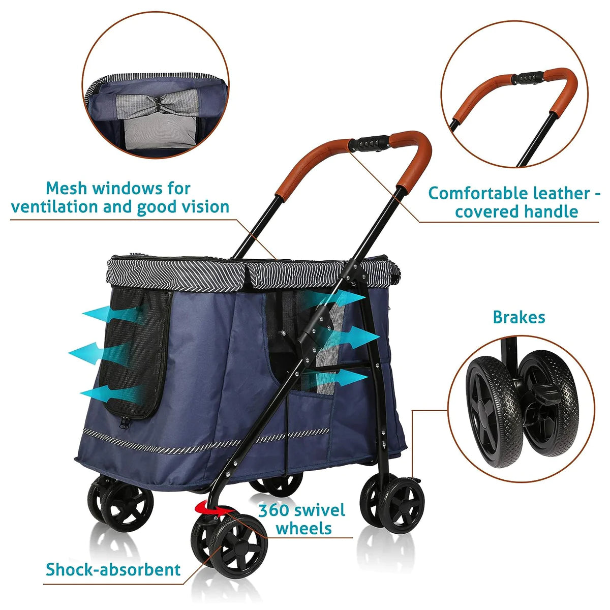 Low Folding Pet Stroller with Multiple Openings, Dark Blue