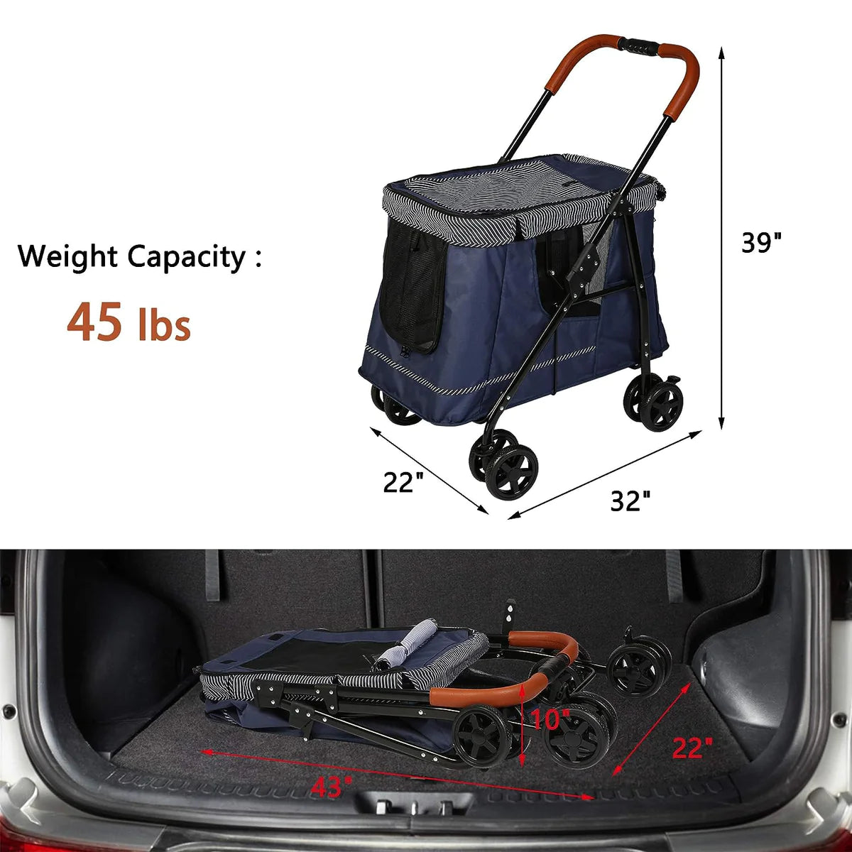 Low Folding Pet Stroller with Multiple Openings, Dark Blue