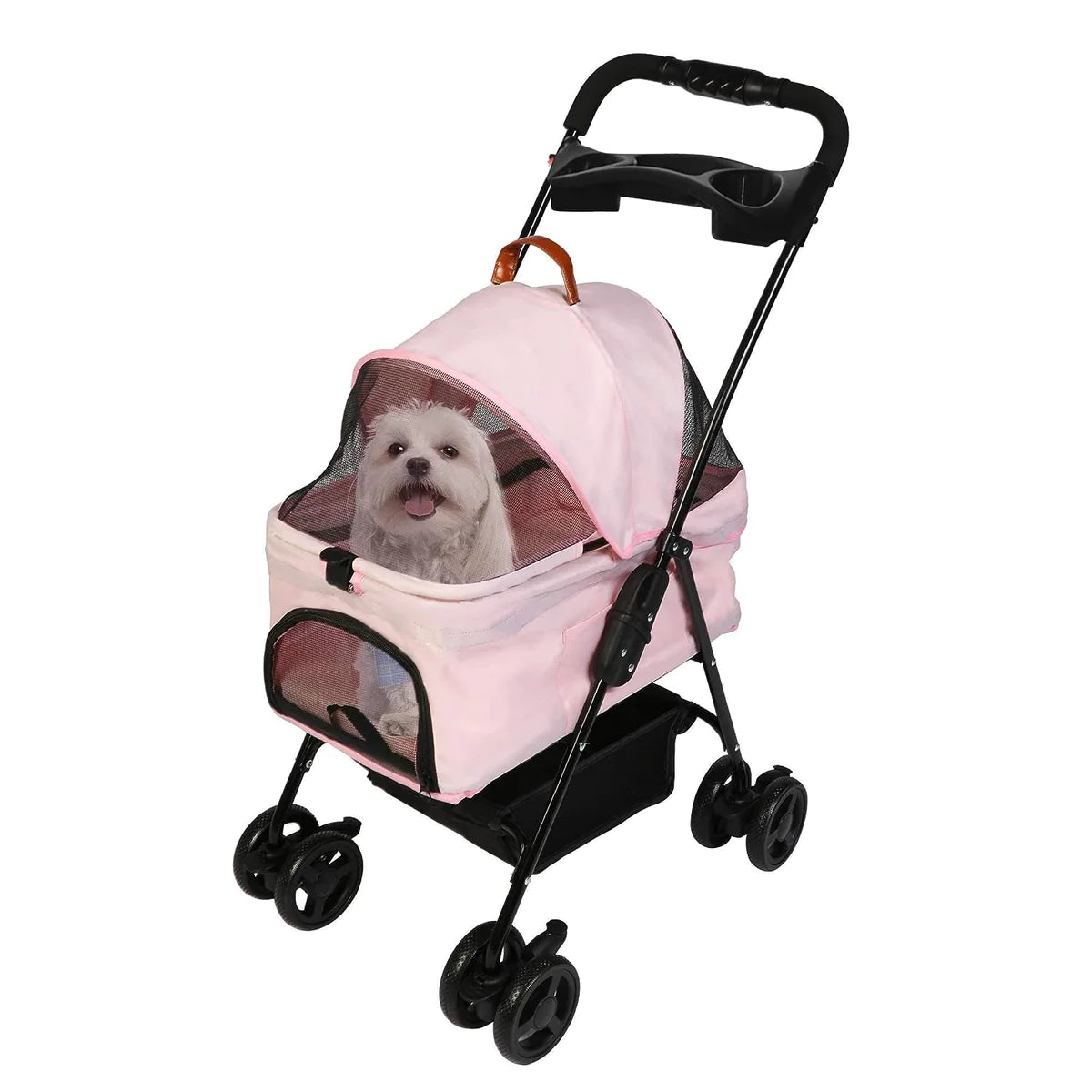 Folding Dog Stroller Carrier Pet Stroller with Storage Basket, Pink