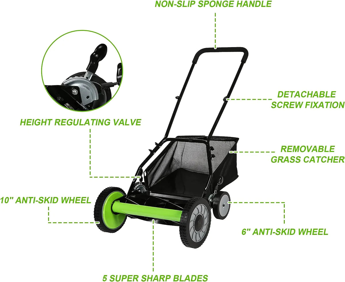 16" Push Cordless Lawn Mower 5-Blade Manual Walk-behind Mower with Detachable Grass Catcher, 4 Wheels