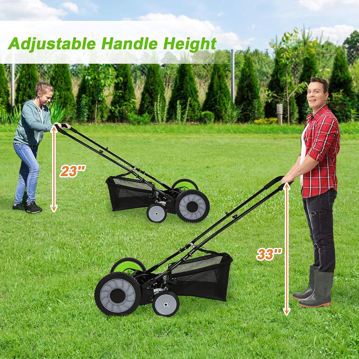 16" Push Cordless Lawn Mower 5-Blade Manual Walk-behind Mower with Detachable Grass Catcher, 4 Wheels