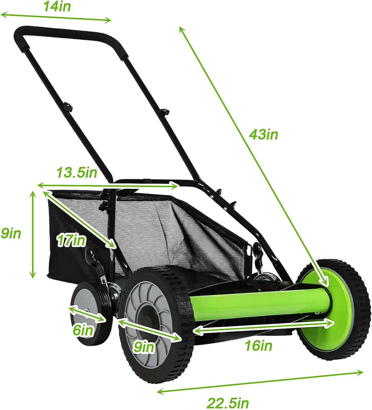 16" Push Cordless Lawn Mower 5-Blade Manual Walk-behind Mower with Detachable Grass Catcher, 4 Wheels