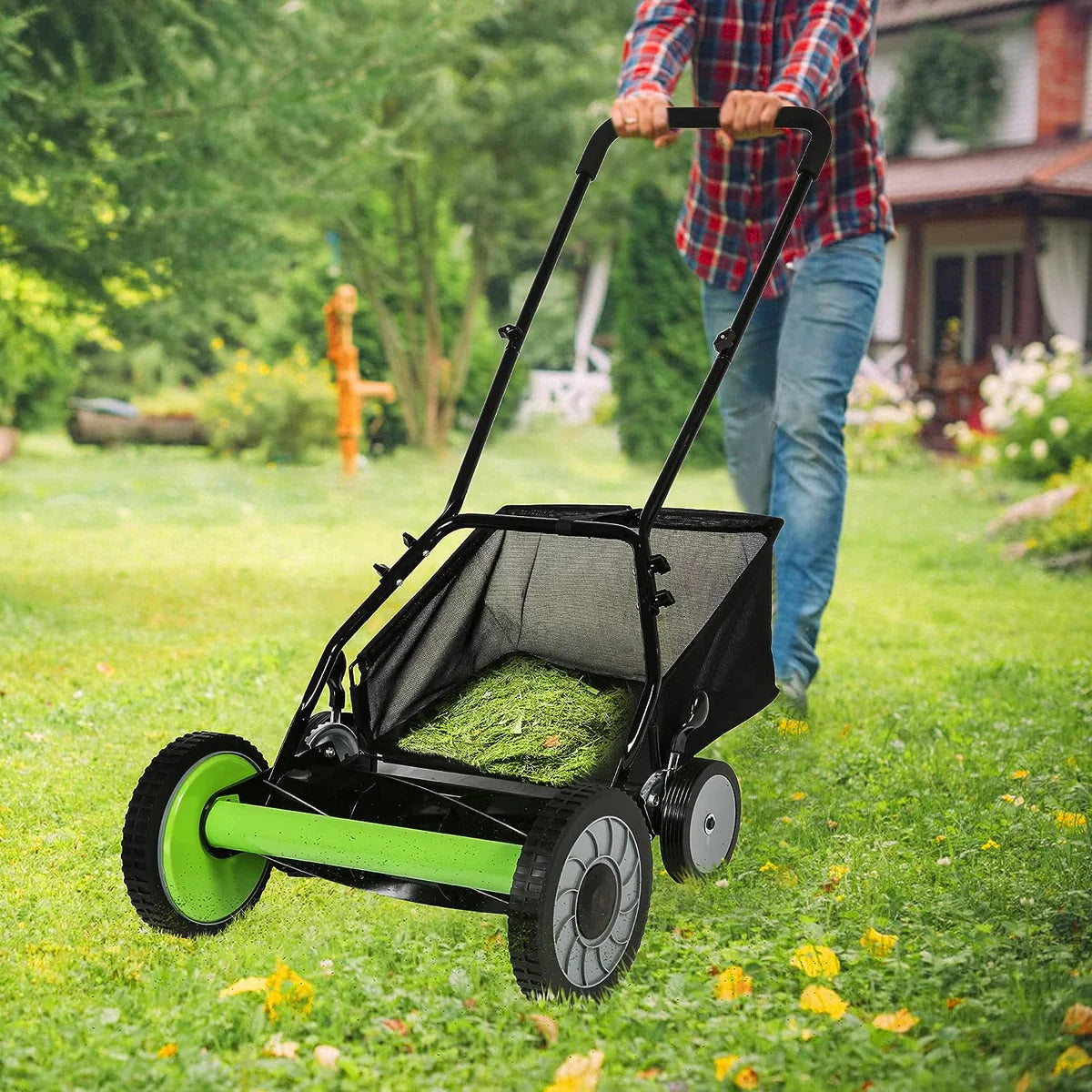 16" Push Cordless Lawn Mower 5-Blade Manual Walk-behind Mower with Detachable Grass Catcher, 4 Wheels