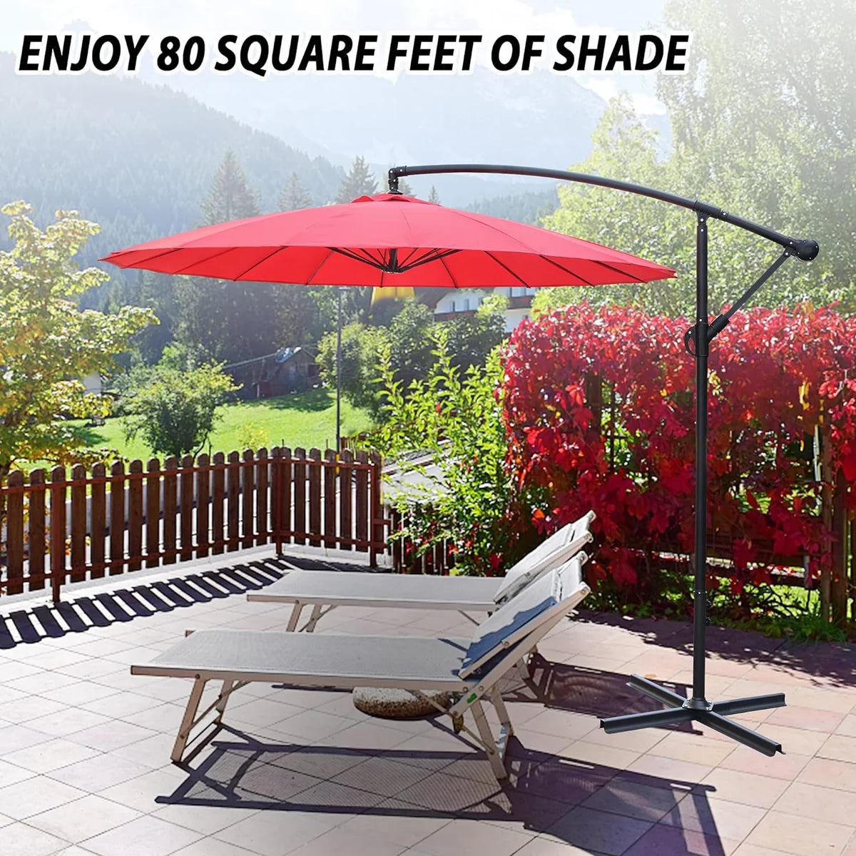 Patio Umbrella Outdoor Offset Hanging Umbrella with 18 Ribs and Crank, Red