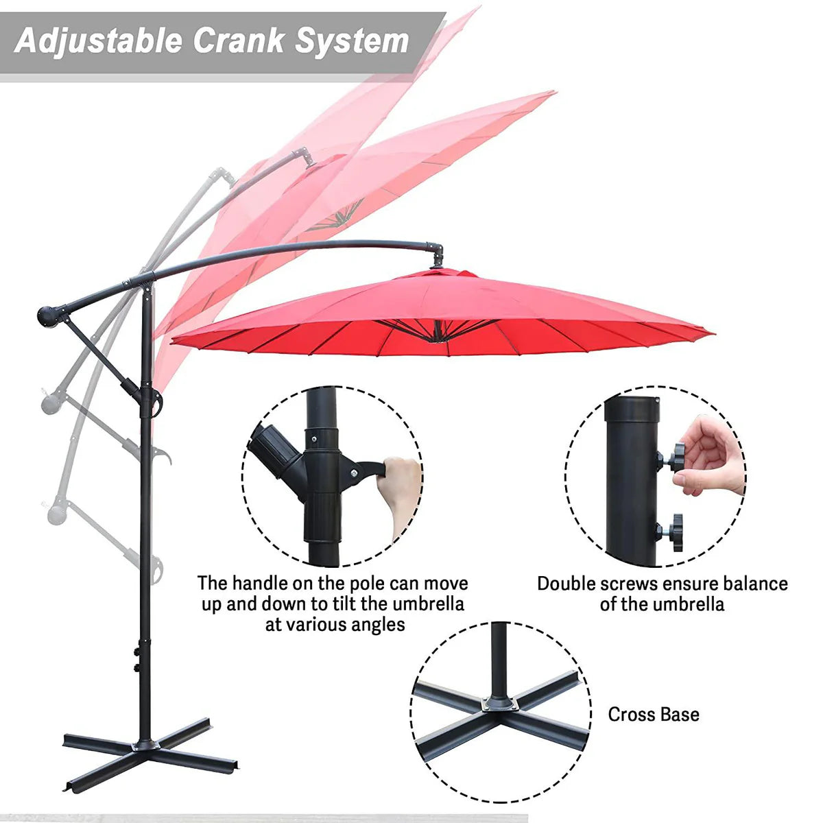 Patio Umbrella Outdoor Offset Hanging Umbrella with 18 Ribs and Crank, Red
