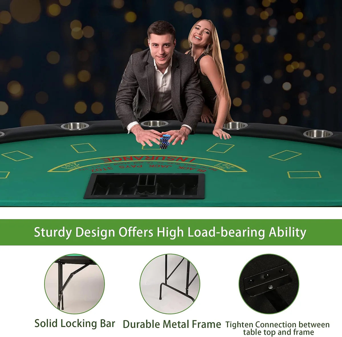 71  Folding Poker Table 7 Player Casino Game Table Removable Metal Cup Holder, Green