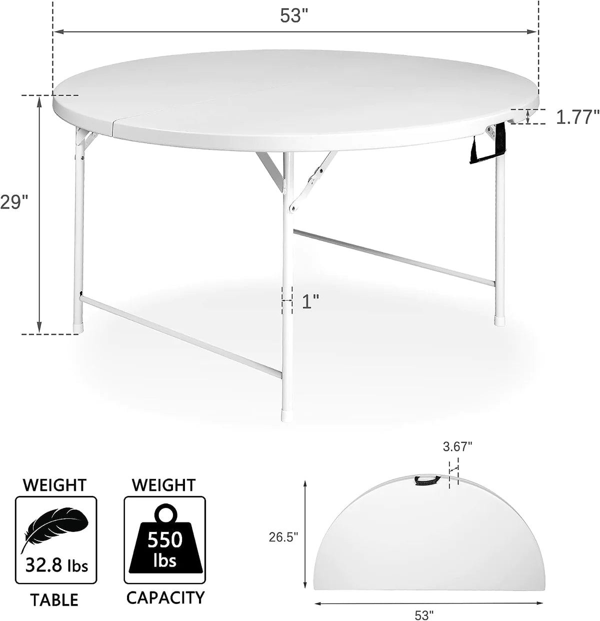 Plastic Tabletop Folding Portable Outdoor Picnic Table, Round, White