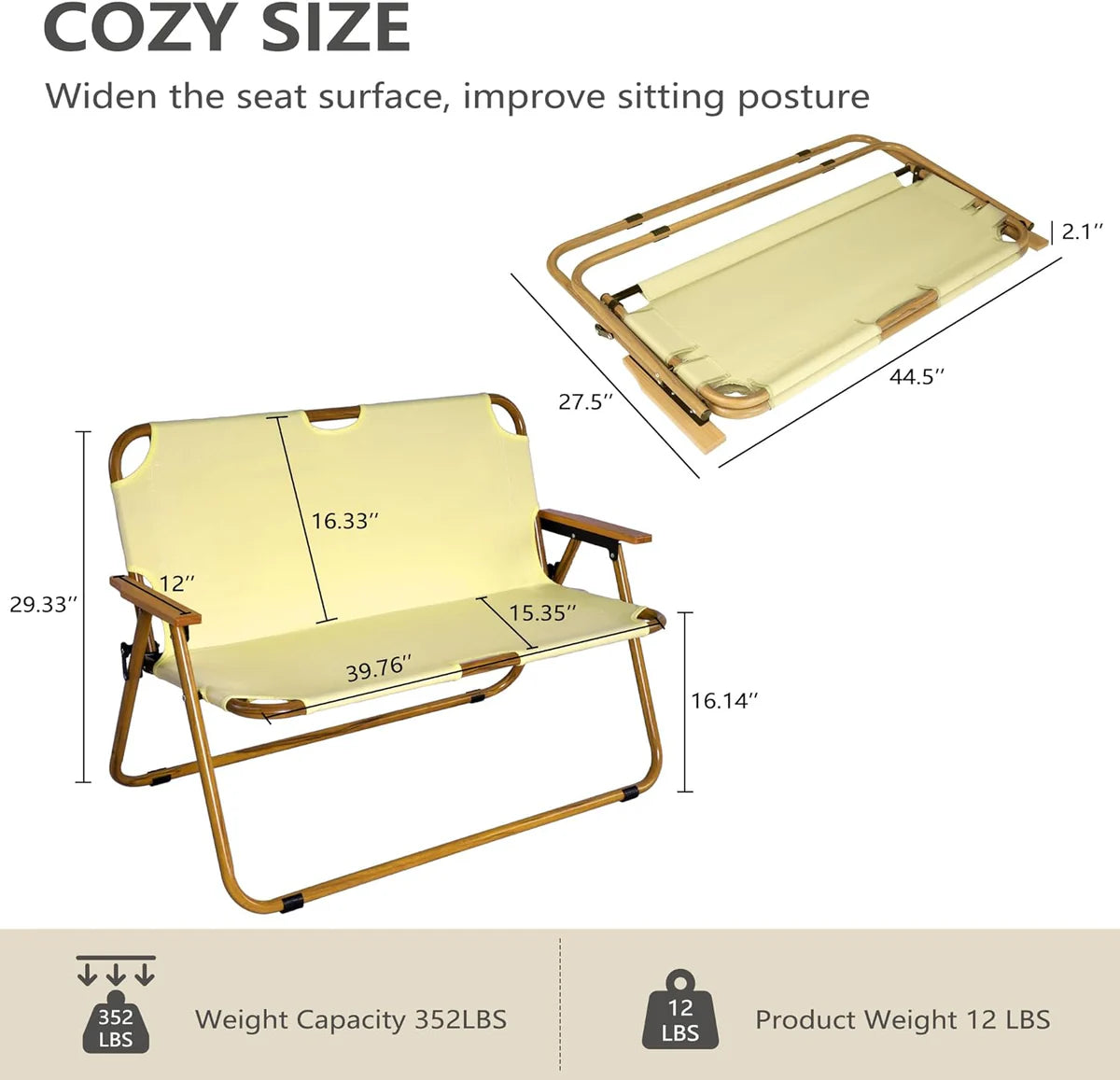 Double Portable Loveseat Folding Camping Chair with Armrest Aluminum Frame, Beige