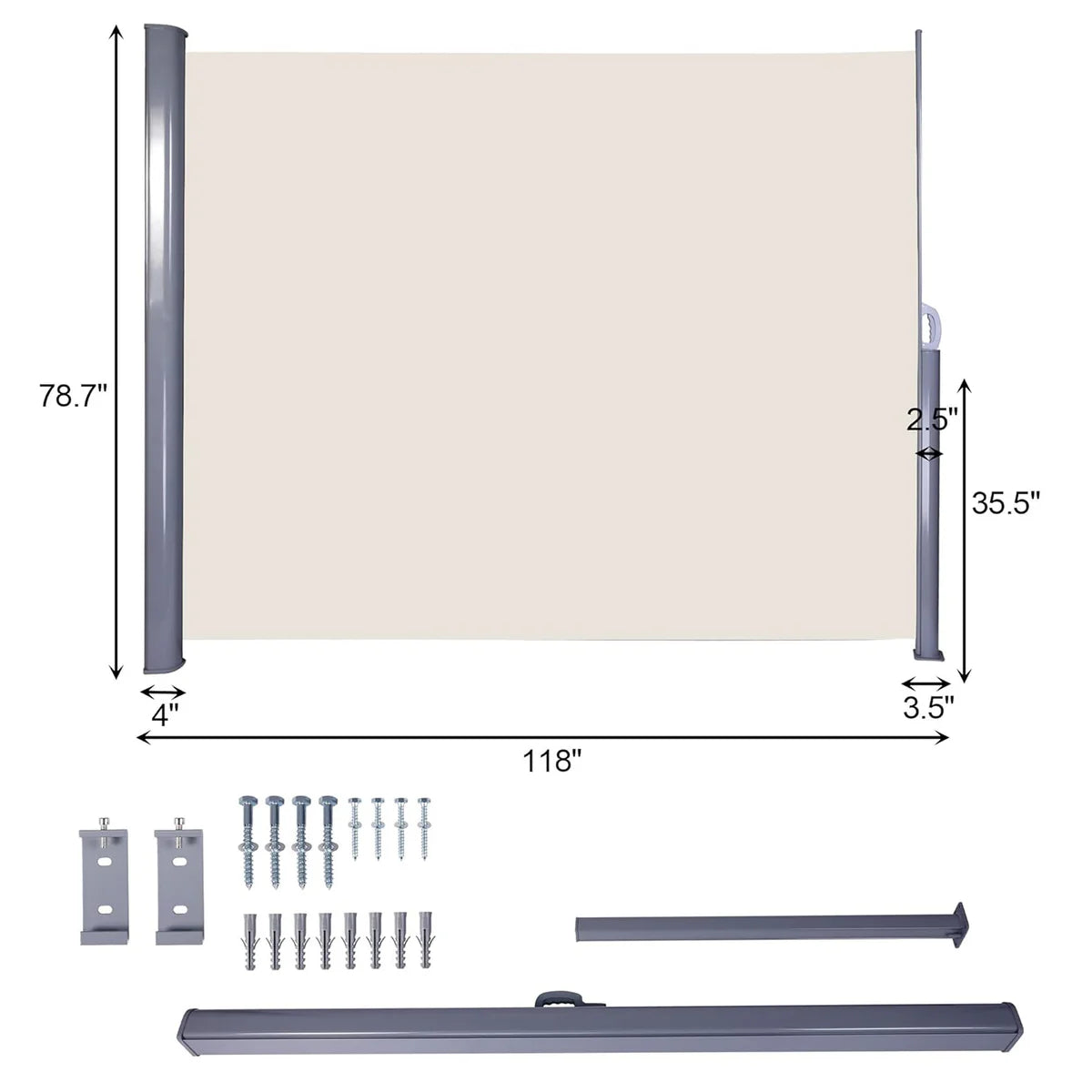 118 L x 78.7 H Retractable Side Awning Aluminum Patio Outdoor Folding Privacy Divider