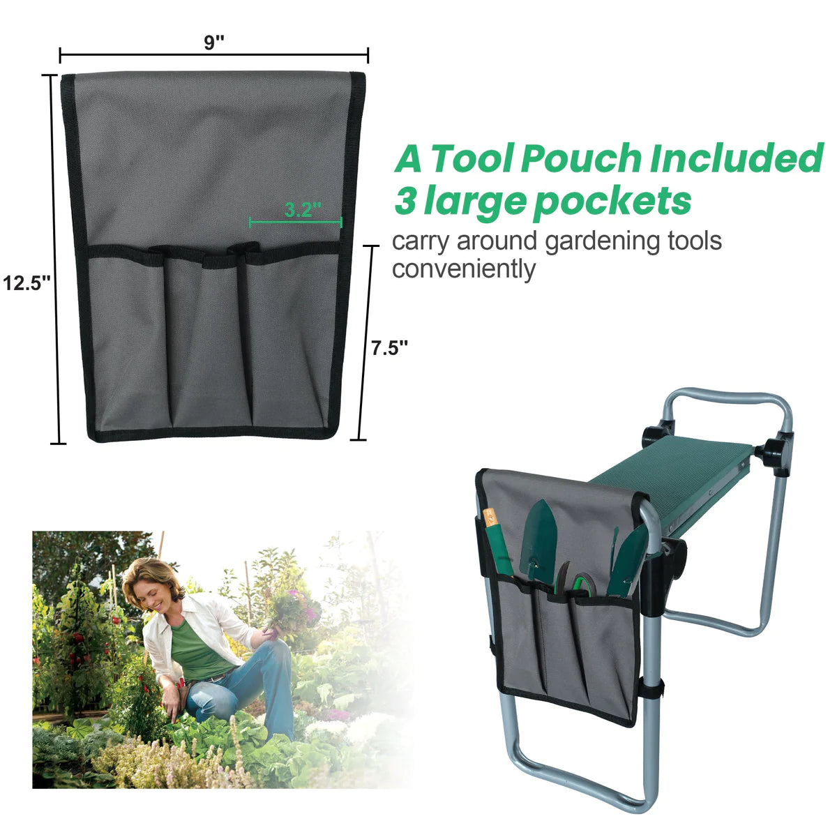 Portable Foldable Garden Kneeler Bench with Tools Bag, Green | karmasfar.us