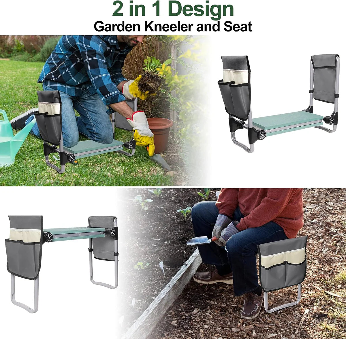 Widen Upgrade Garden Kneeler Seat Garden Stools Bench with 2 Tool Pouches, Green