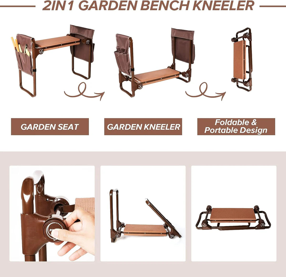 Widen Upgrade Garden Kneeler Seat Garden Stools Bench with 2 Tool Pouches, Brown