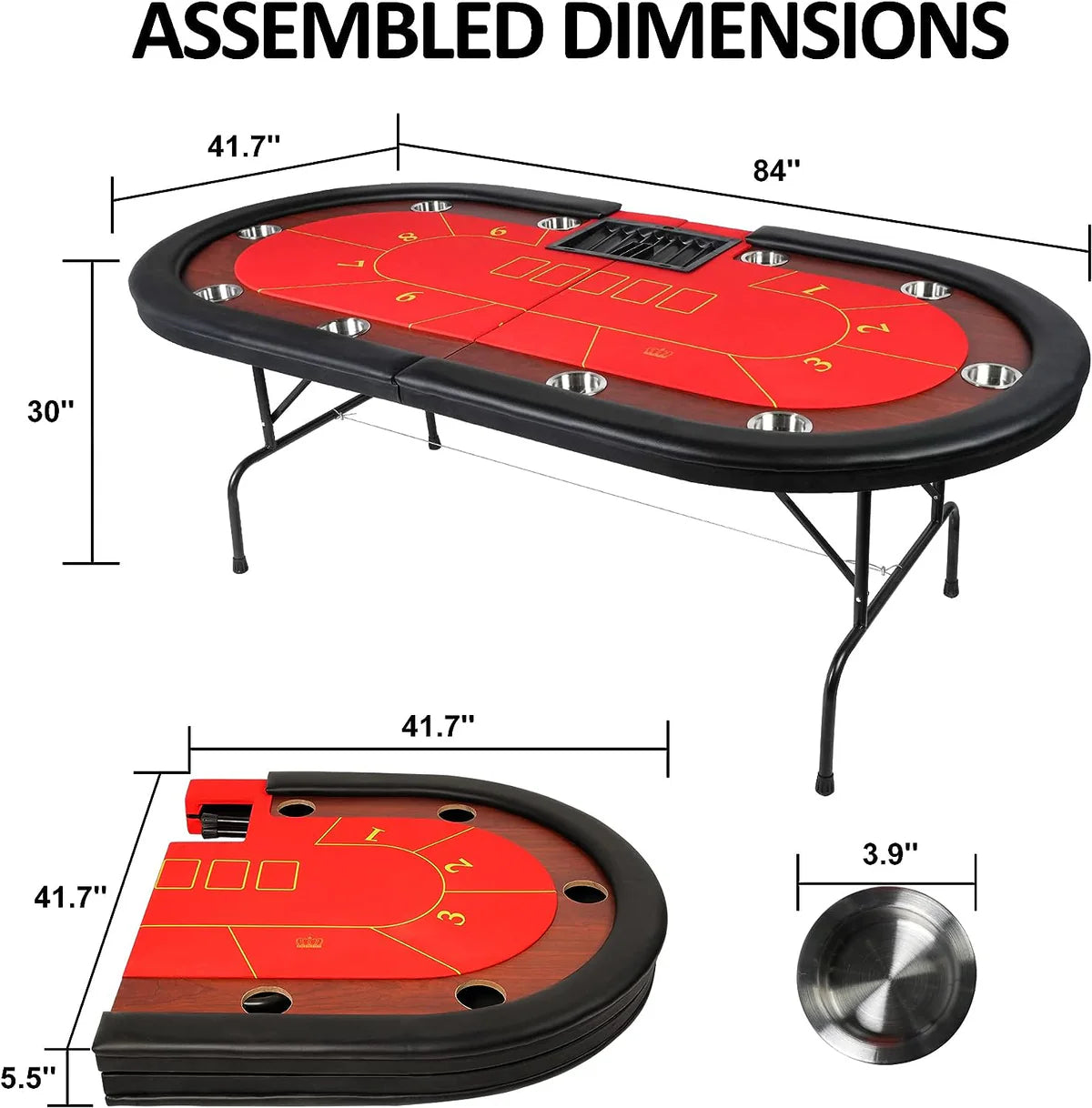 84  Folding Poker Table 10 Player Card Table with 10 Cup Holder for Texas Casino