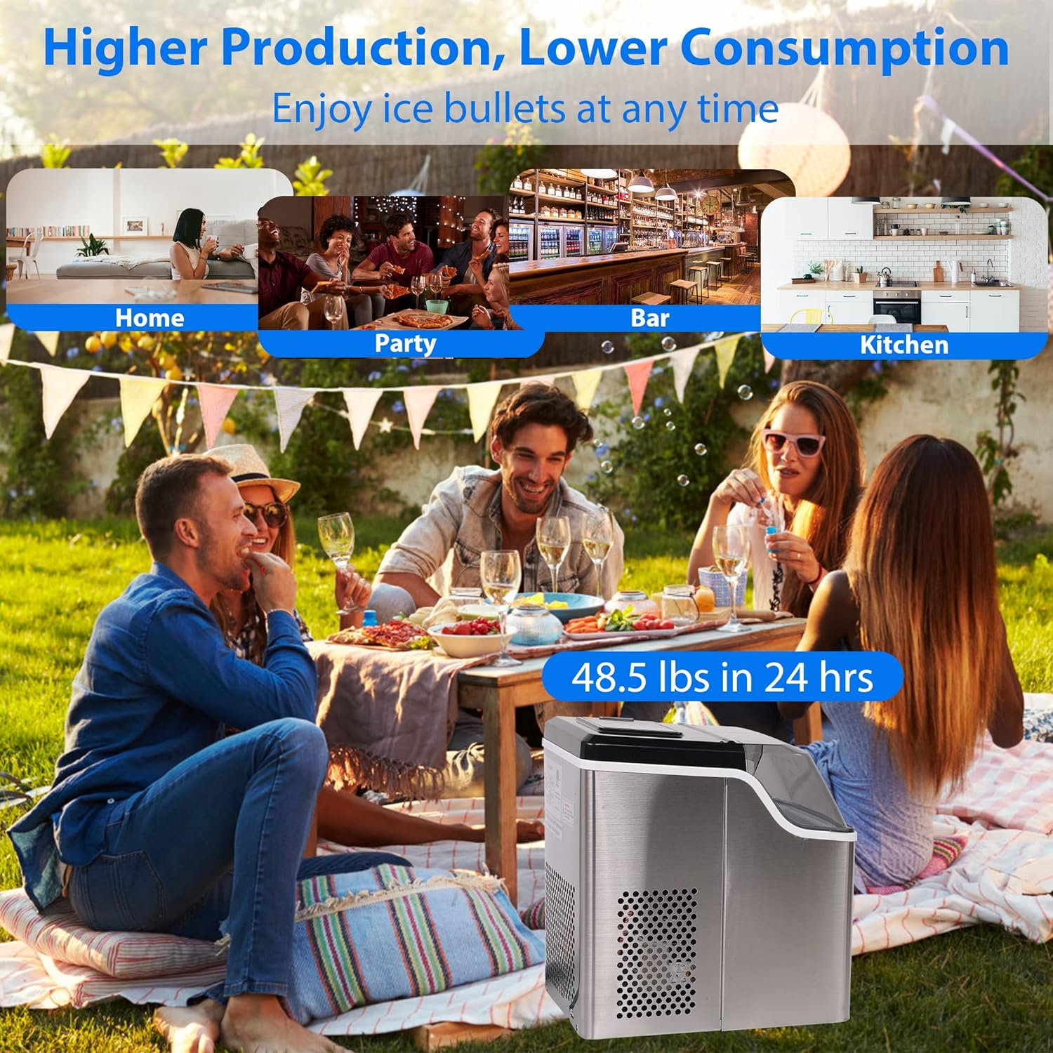 48 lbs Stainless Countertop Self-Clean Ice Maker, Portable Compact Ice Cube Maker with Ice Scoop & Basket for for Outdoor, Party