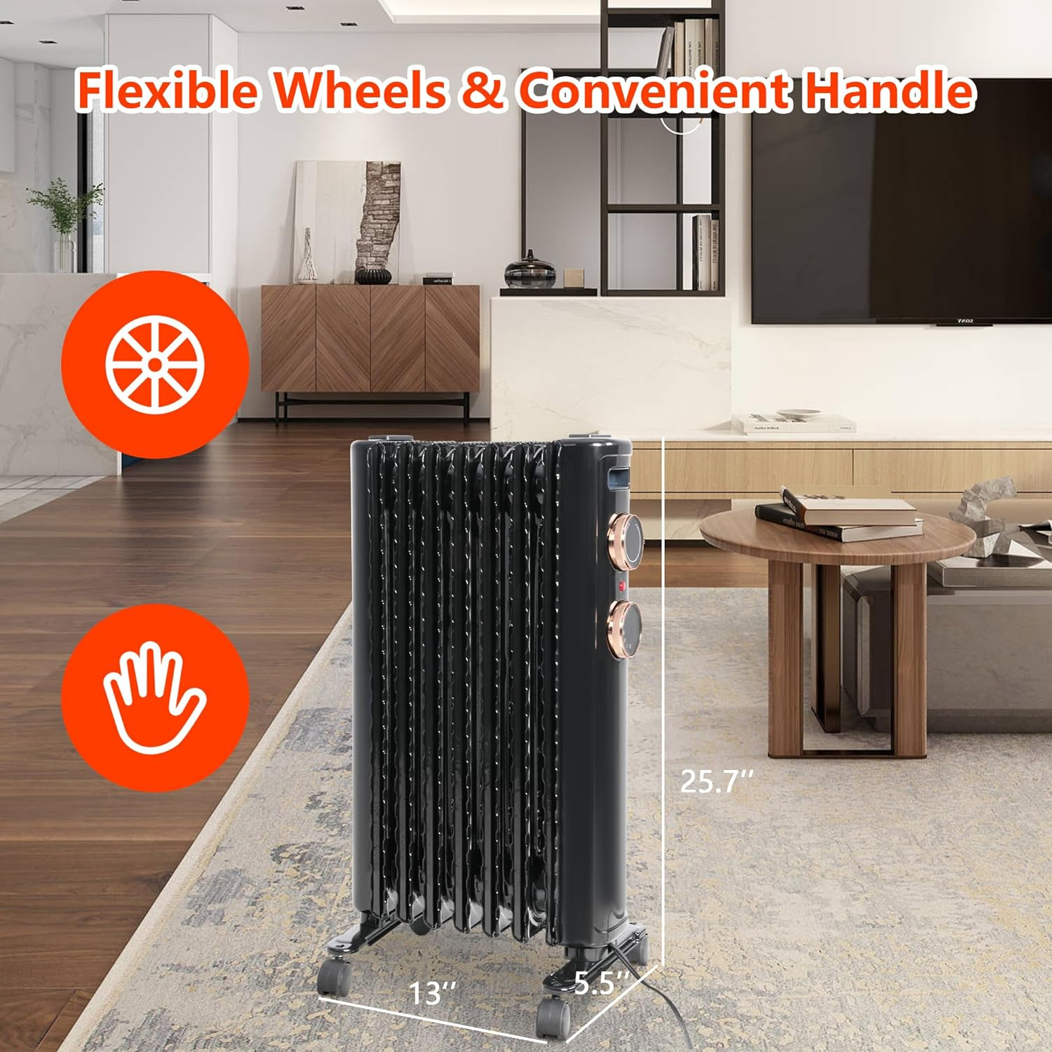 Electric Space Heater with Universal Wheels, Tip-over & Overheat Protection, 3 Heating Modes