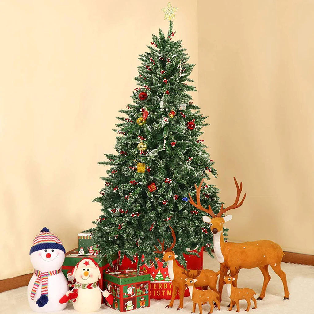 7’ Artificial Christmas Tree with 1390 Branch Tips, Snow Flocked, Red Cheery, Green | karmasfar.us