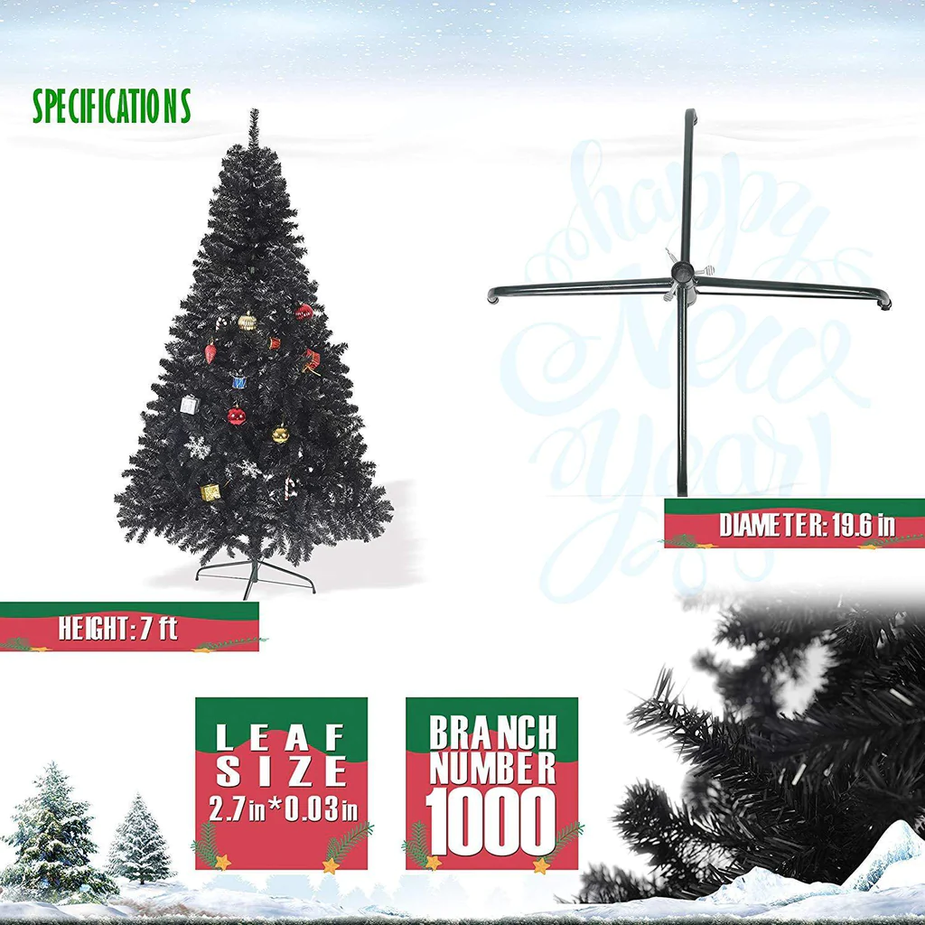 7' Artificial Christmas Tree Halloween Tree with 1000 Branch Tips, Decorations, Black