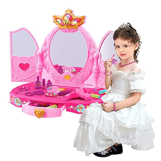 Pink Princess Pretend Play Dressing Table with Makeup Mirror,Music and Lights