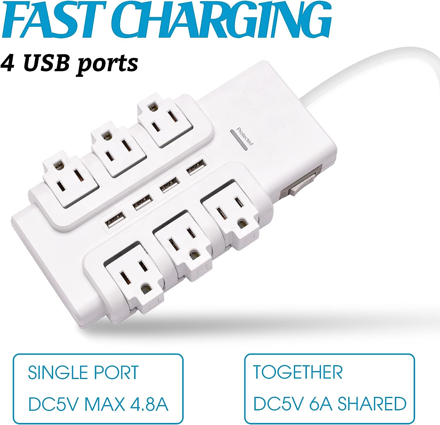 6 Outlets Extender Rotating Power Strip Surge Protector with 4 USB Ports and 6ft Heavy Duty Extension Cord Wall Mount for Home Office | karmasfar.com
