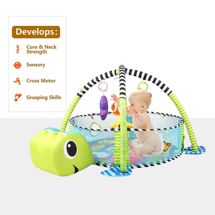 3-in-1 Cartoon Baby Infant Activity Gym Turtle Play mat & Ball Pit with 30 Balls and 4 Linkable Toys