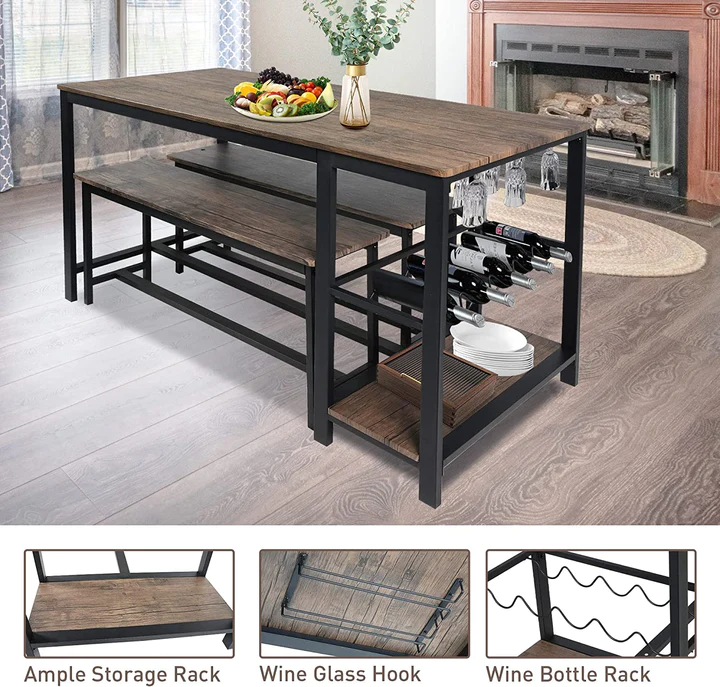 3 Piece Kitchen Table Set with Bench Dining Table Set