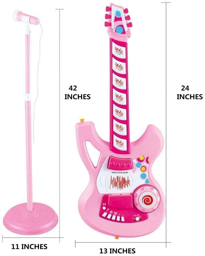 Kids Electric Guitar Beginner Kits Play Set with Microphone Speaker and Stand, Pink