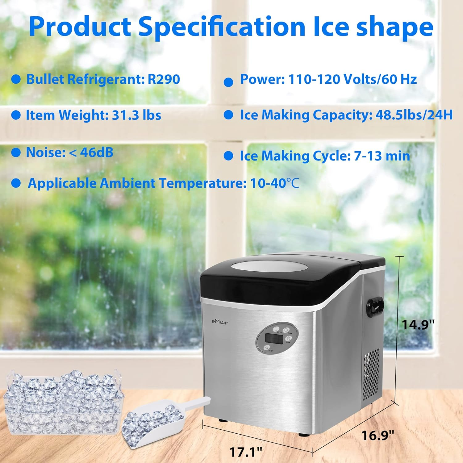 Countertop Ice Maker, Self Cleaning, 48.5lbs/24H, Portable Ice Machine with Hand Scoop for Home Kitchen Party Camping