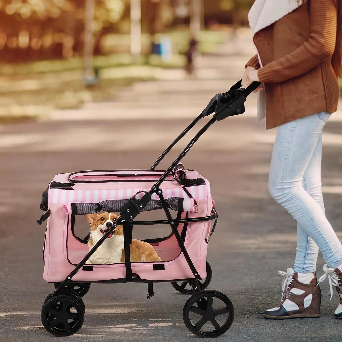 Four-Wheeled Folding Pet Stroller, large Space,with Four-sided Windows, Pink | karmasfar.us