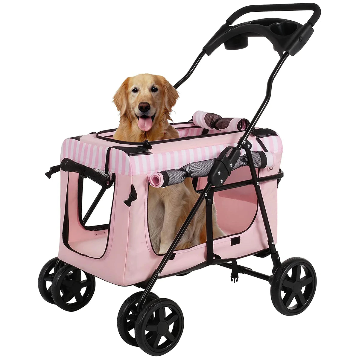 Four-Wheeled Folding Pet Stroller, large Space,with Four-sided Windows, Pink | karmasfar.us