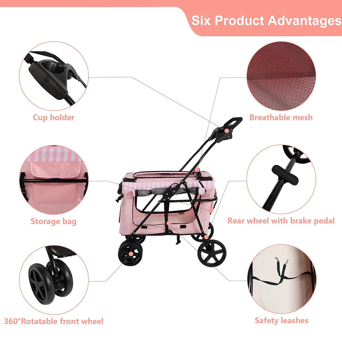 Four-Wheeled Folding Pet Stroller, large Space,with Four-sided Windows, Pink