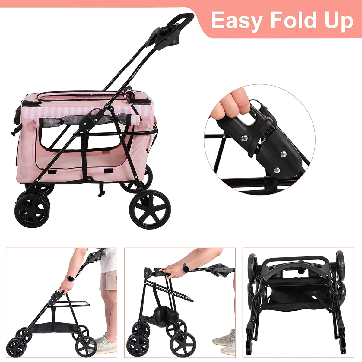 Four-Wheeled Folding Pet Stroller, large Space,with Four-sided Windows, Pink