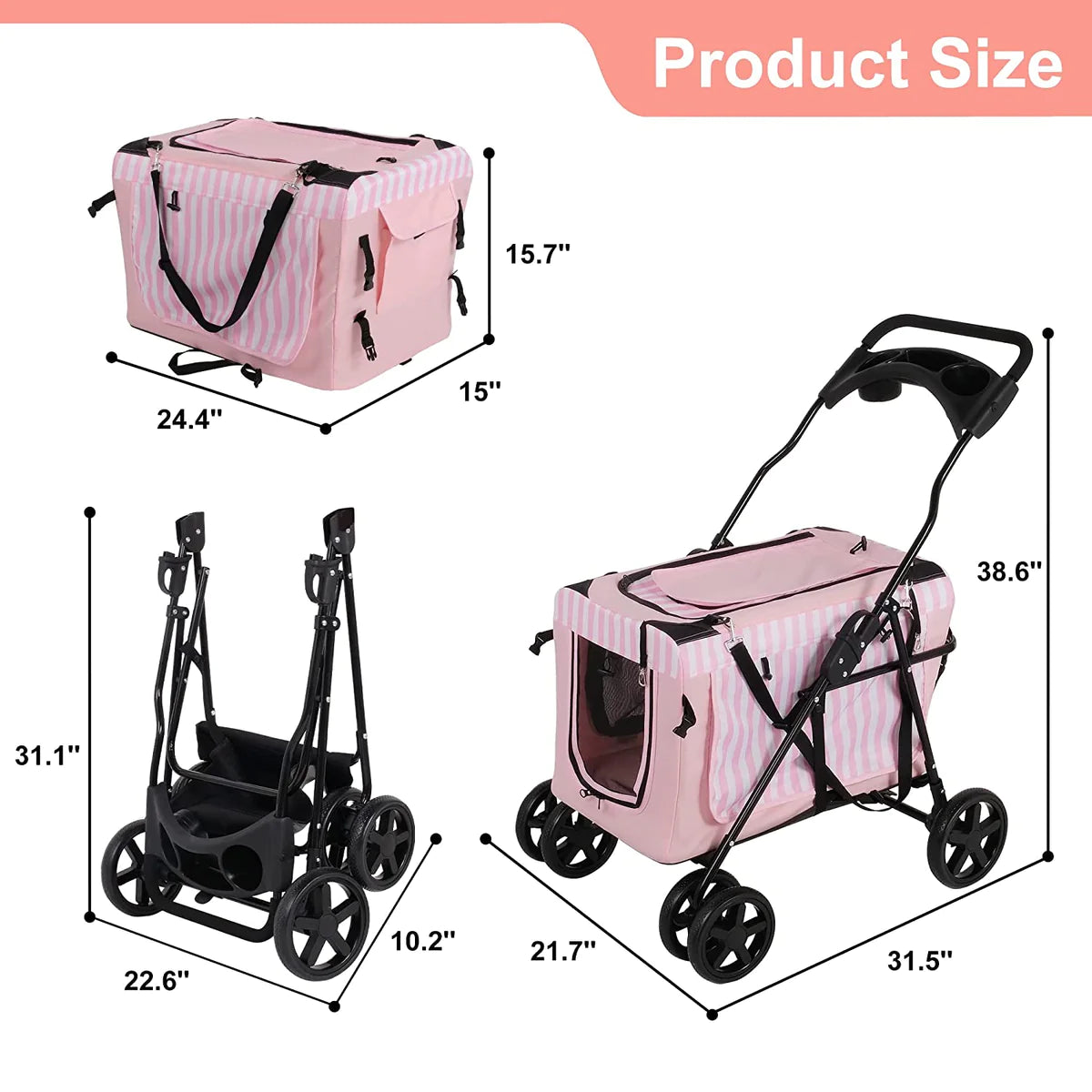 Four-Wheeled Folding Pet Stroller, large Space,with Four-sided Windows, Pink | karmasfar.us