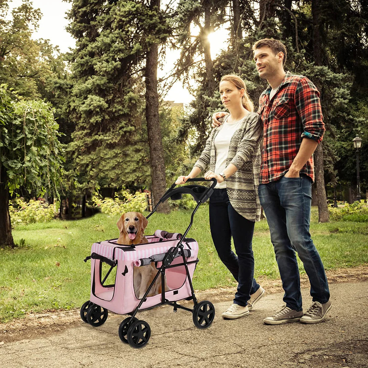 Four-Wheeled Folding Pet Stroller, large Space,with Four-sided Windows, Pink