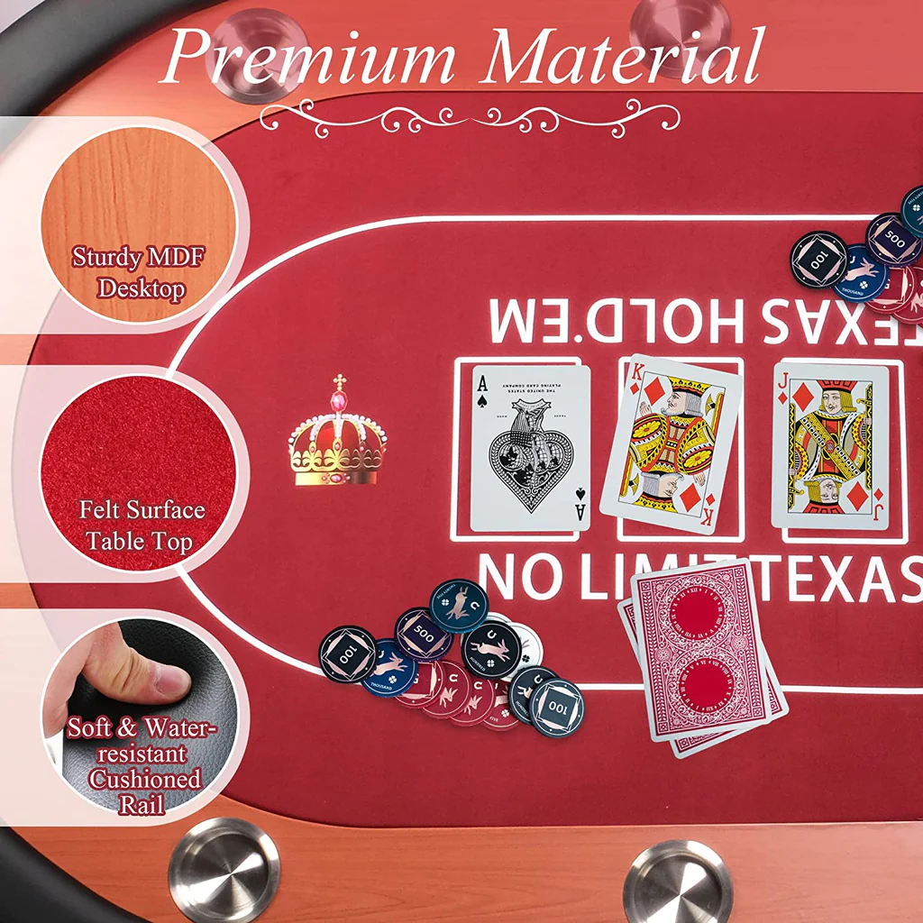 10 Players Poker Table Foldable Large Casino Table Texas Holdem Red Felt Surface