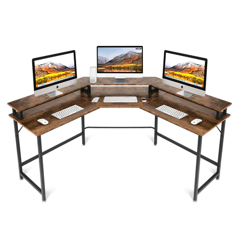 Sturdy Corner W Shaped Computer Desk with Monitor Stand