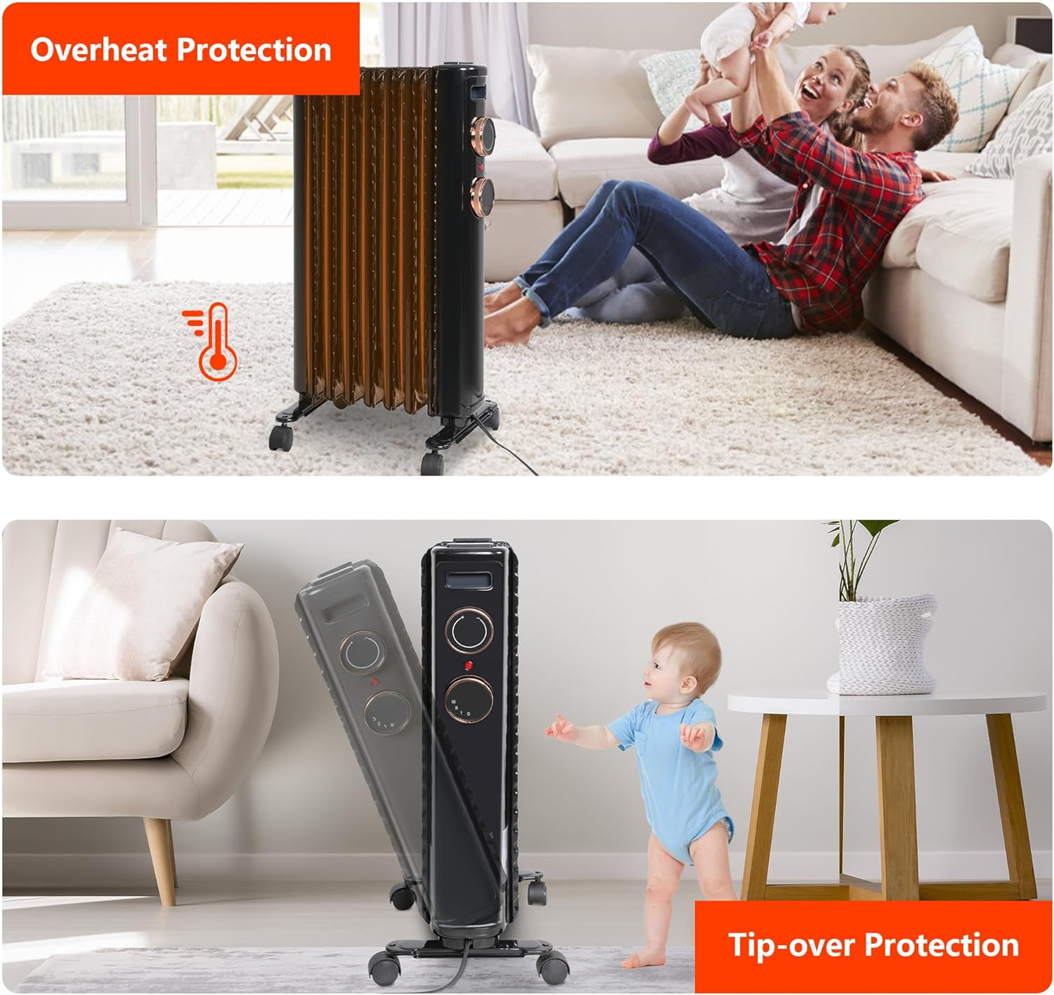 Electric Space Heater with Universal Wheels, Tip-over & Overheat Protection, 3 Heating Modes