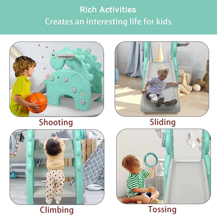 4 in 1 Kids Freestanding Slide for 1-3 Years Old , Indoor Outdoor Playset with Music, Green