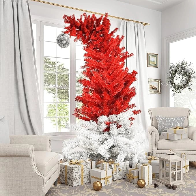 6FT Bent Top Christmas Tree with Metal Stand, Hinged Fir Artificial Xmas Tree with 1050 Lush Branch Tips