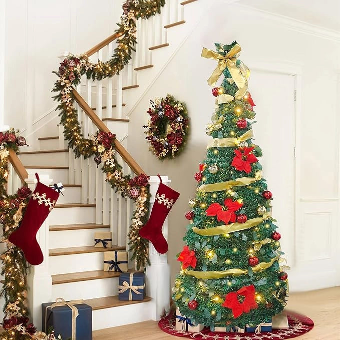 6ft Collapsible Christmas Tree, Pre-Decorated Xmas Tree with 200 Warm Lights, Pop Up Christmas Tree with Gold and Red Balls, Bows, Flowers